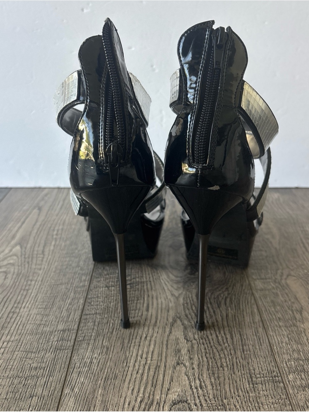 Ellie Black Patent Platform Stiletto Sandals with Silver Mosaic Straps - Picture 4 of 14
